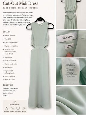 Babaton Cella Satin Sage Green Cut-Out Midi Dress – 2XS